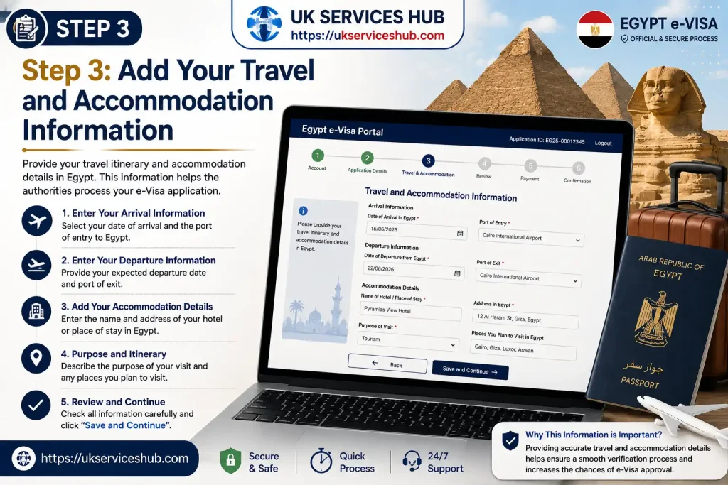 Step 3 add travel and accommodation information for an Egypt e-Visa application