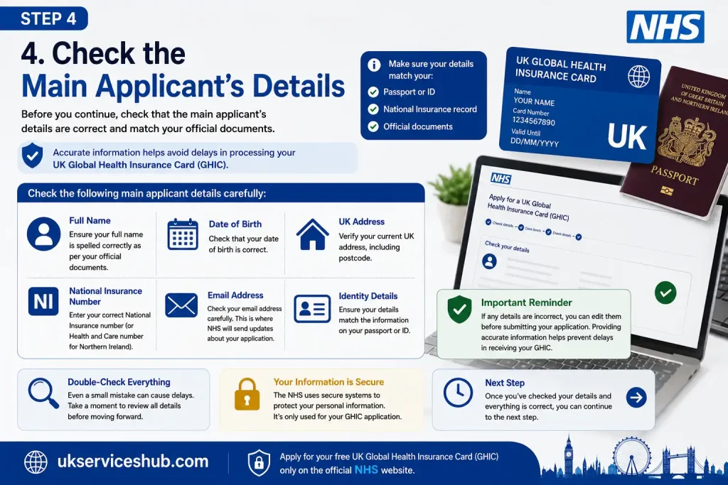 UK GHIC applicant checking personal details, address and National Insurance number before submitting the application