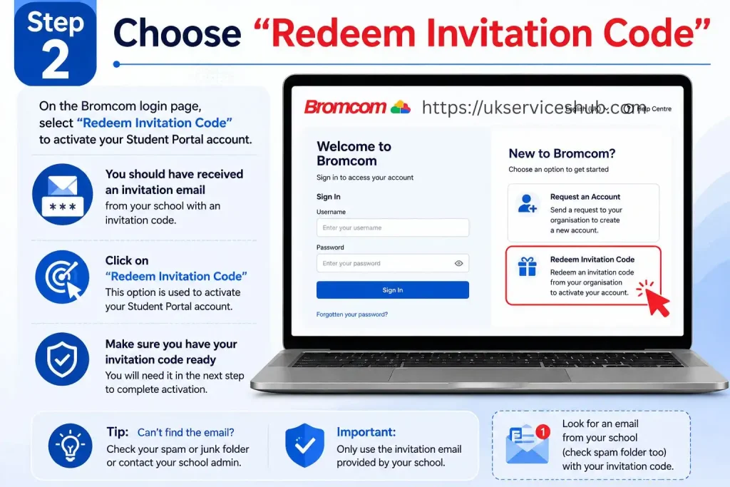 Step 2 infographic showing students selecting the "Redeem Invitation Code" option on the Bromcom Student Portal login page to activate their account using a school invitation code.