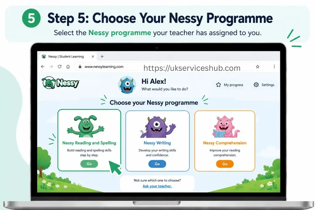 Step 5 tutorial showing students how to choose a Nessy programme, including Reading and Spelling, Writing, or Comprehension.