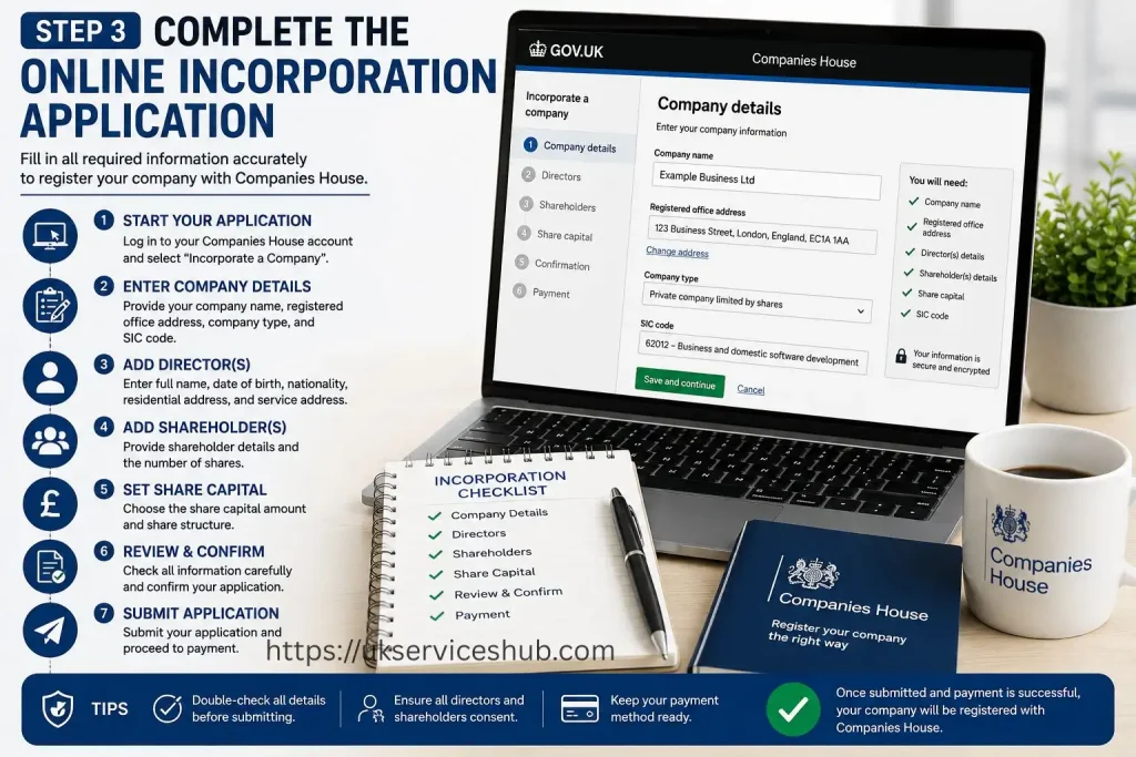 Complete the online incorporation application through Companies House by entering company details, directors, shareholders, and share capital.
