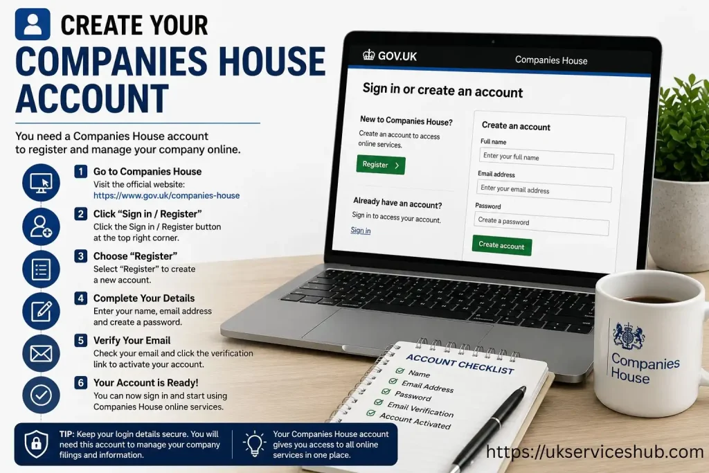 Guide showing how to create a Companies House account online through the official GOV.UK website before registering a UK company.