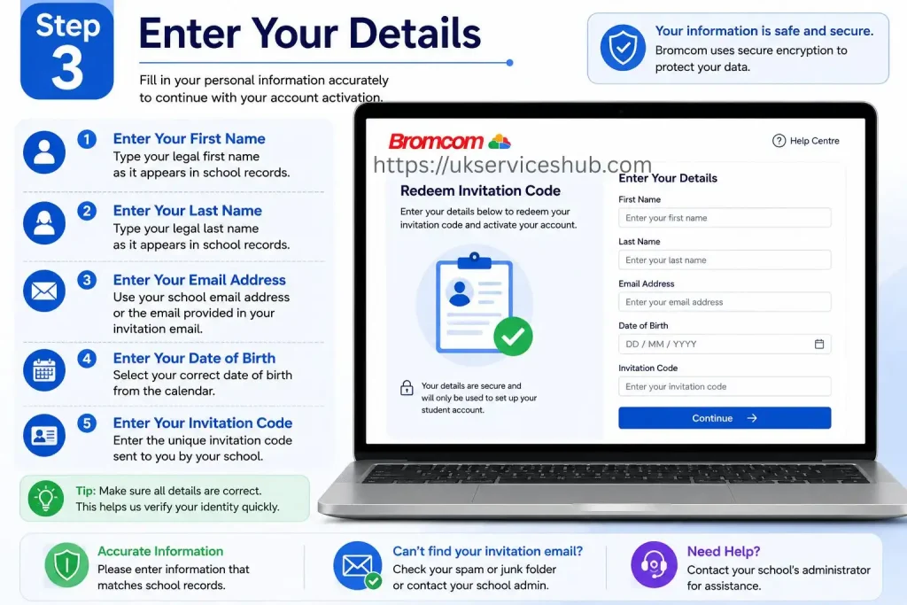 Step 3 infographic showing how to enter personal details, including first name, last name, email address, date of birth, and invitation code to activate a Bromcom Student Portal account.