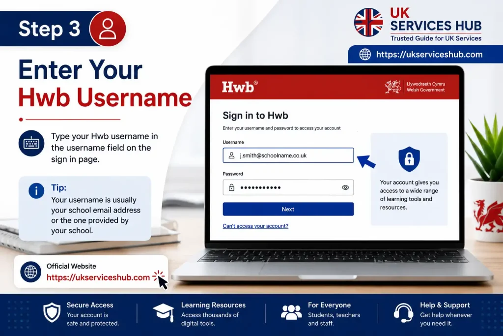 Step 3 enter your Hwb username on the Hwb login page