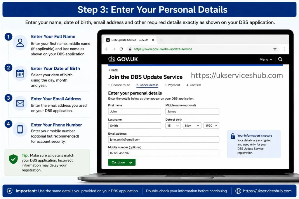 Step 3 enter your personal details for DBS Update Service registration