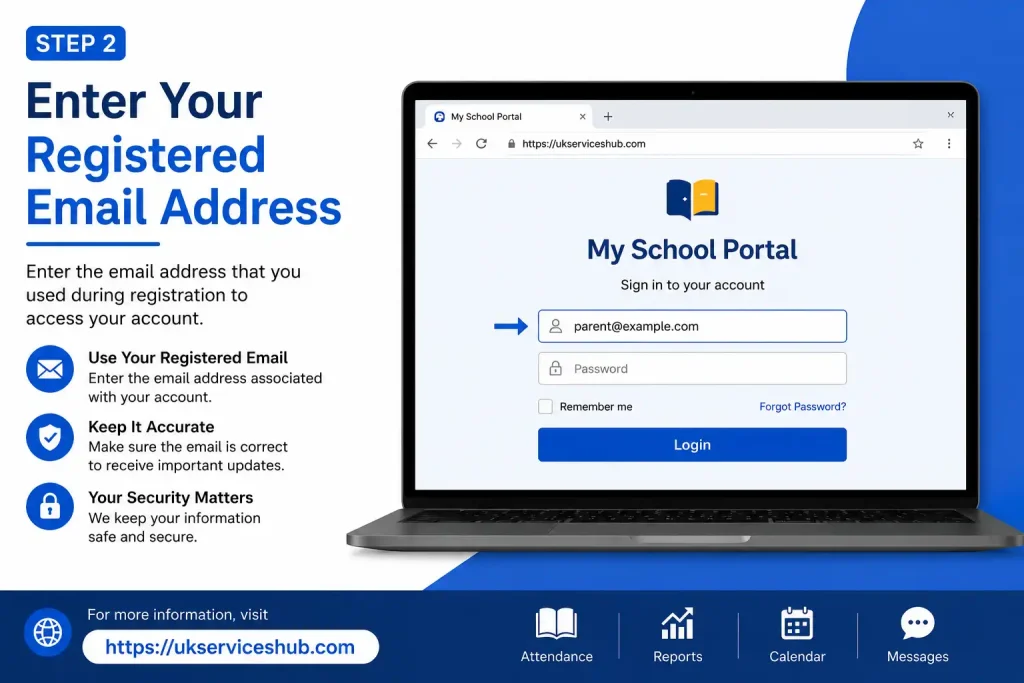 Step 2 showing how to enter your registered email address on the My School Portal login page at ukserviceshub.com.