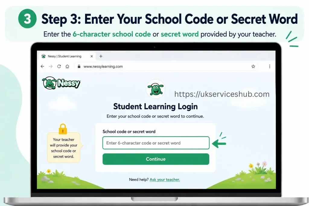 Step 3 tutorial showing where students enter their school code or secret word on the Nessy Student Learning login page.