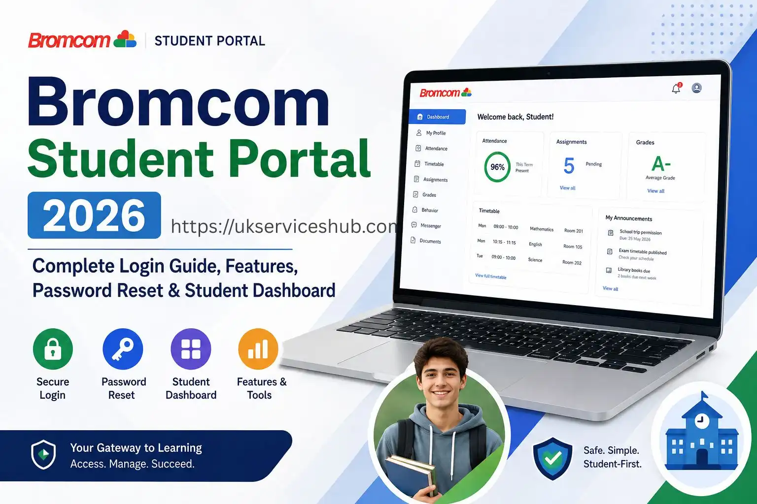 Bromcom Student Portal 2026 login guide showing the student dashboard, secure login, password reset, and portal features.