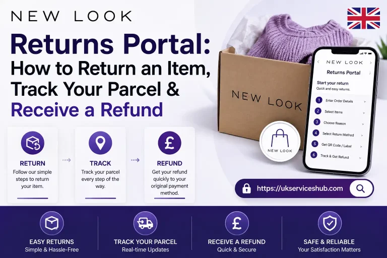New Look Returns Portal guide showing how to return an item, track a parcel and receive a refund with a UK flag