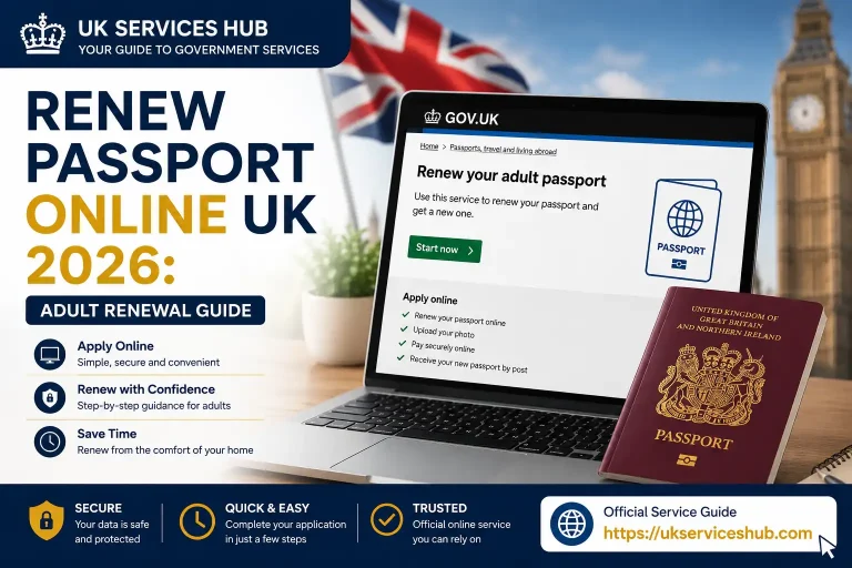 Feature image for a UK adult passport renewal guide showing a laptop with an online renewal page, UK passport, Union Jack, and London landmark