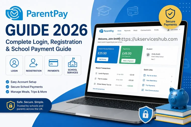 ParentPay Guide 2026 featured image showing login, registration, secure school payments, and ParentPay dashboard for UK parents.
