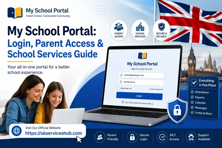 My School Portal login and parent access guide for UK school services, featuring a secure login page, UK flag, attendance, reports, calendar, messages, and 24/7 access.