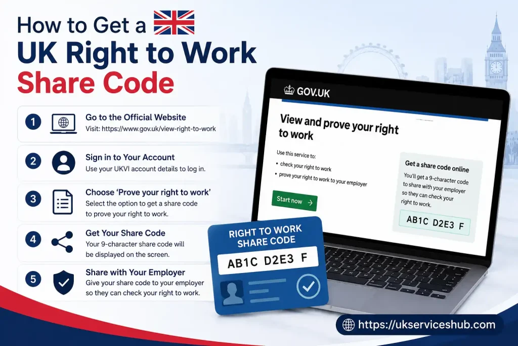 UK Right to Work Share Code guide showing steps to get and share a right to work code