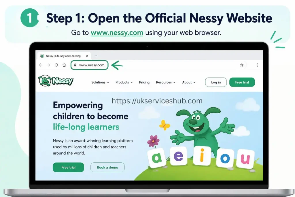 Step 1 tutorial showing how to open the official Nessy website by entering www.nessy.com in a web browser.