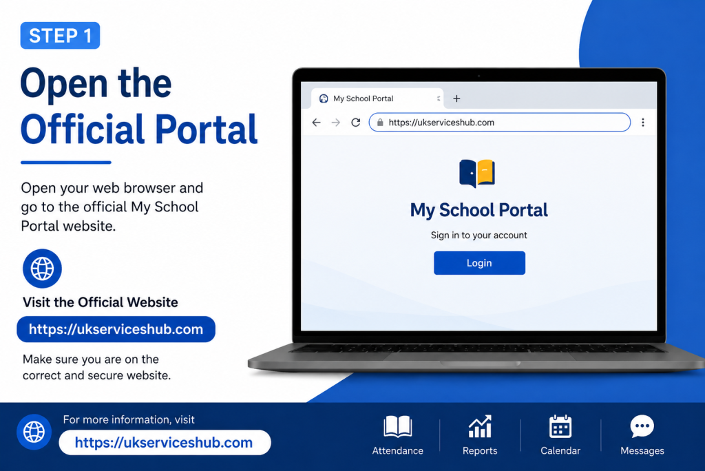 Step 1 guide showing how to open the official My School Portal at ukserviceshub.com on a web browser.