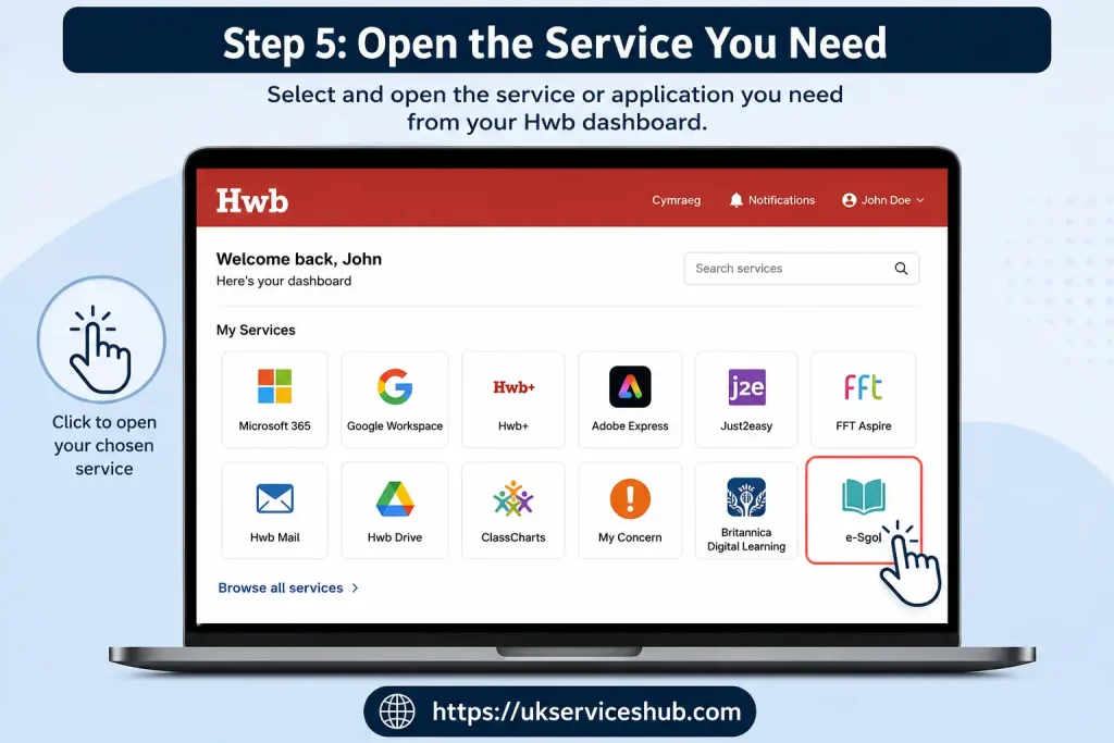 Hwb dashboard showing how to open the service you need
