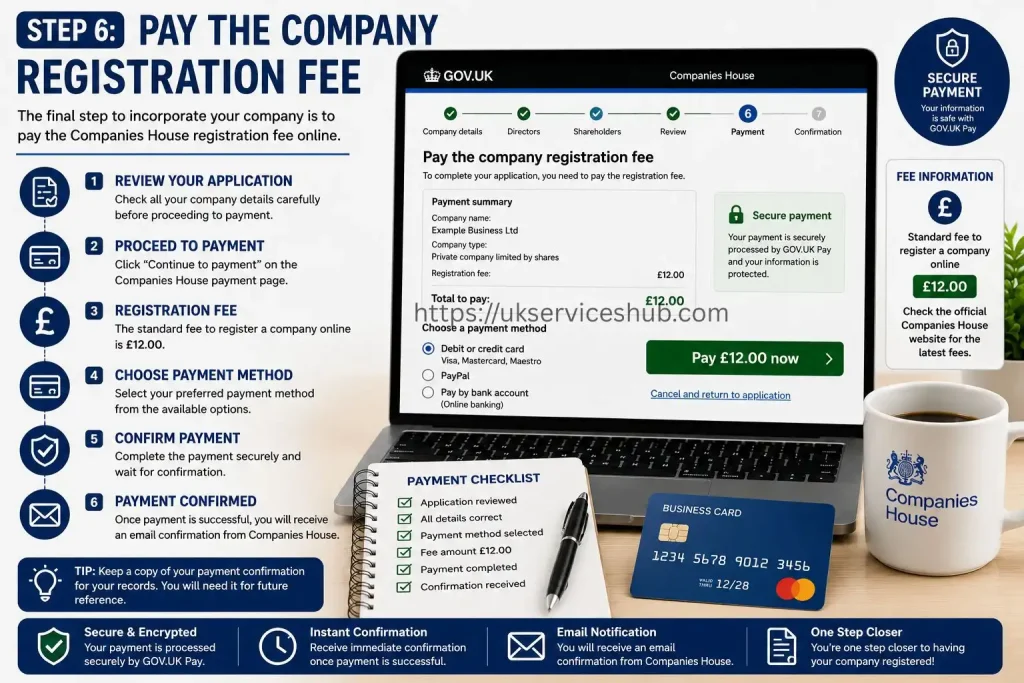 Pay the Companies House registration fee online using the official GOV.UK payment system to complete your UK company incorporation.