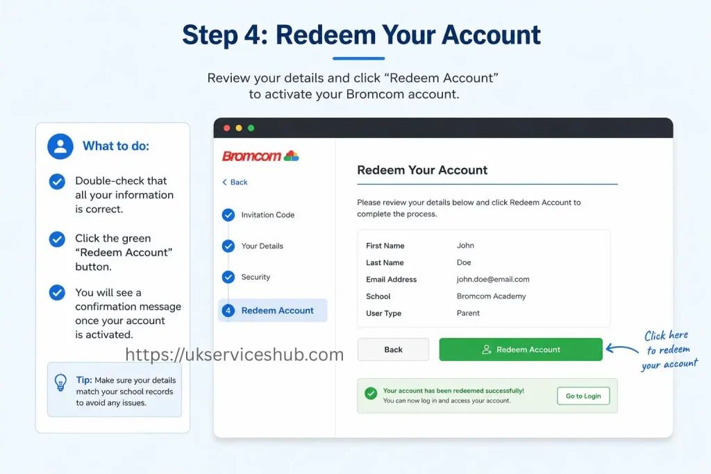 Step 4 Redeem Your Bromcom Student Portal account by reviewing your details and clicking the Redeem Account button.