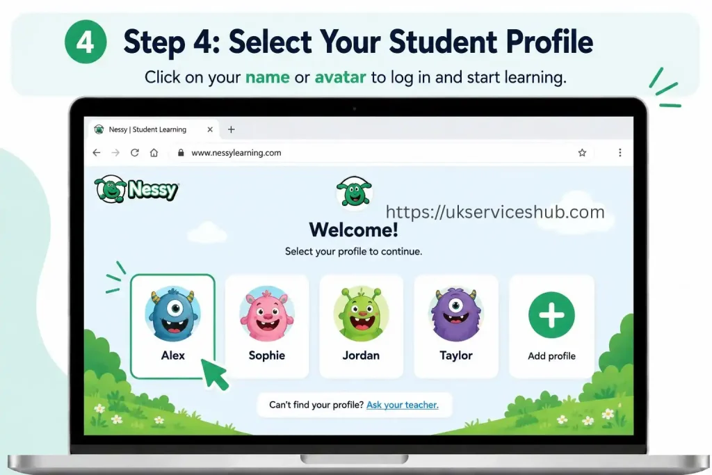 Step 4 tutorial showing students how to select their name or avatar profile on the Nessy Student Learning page.