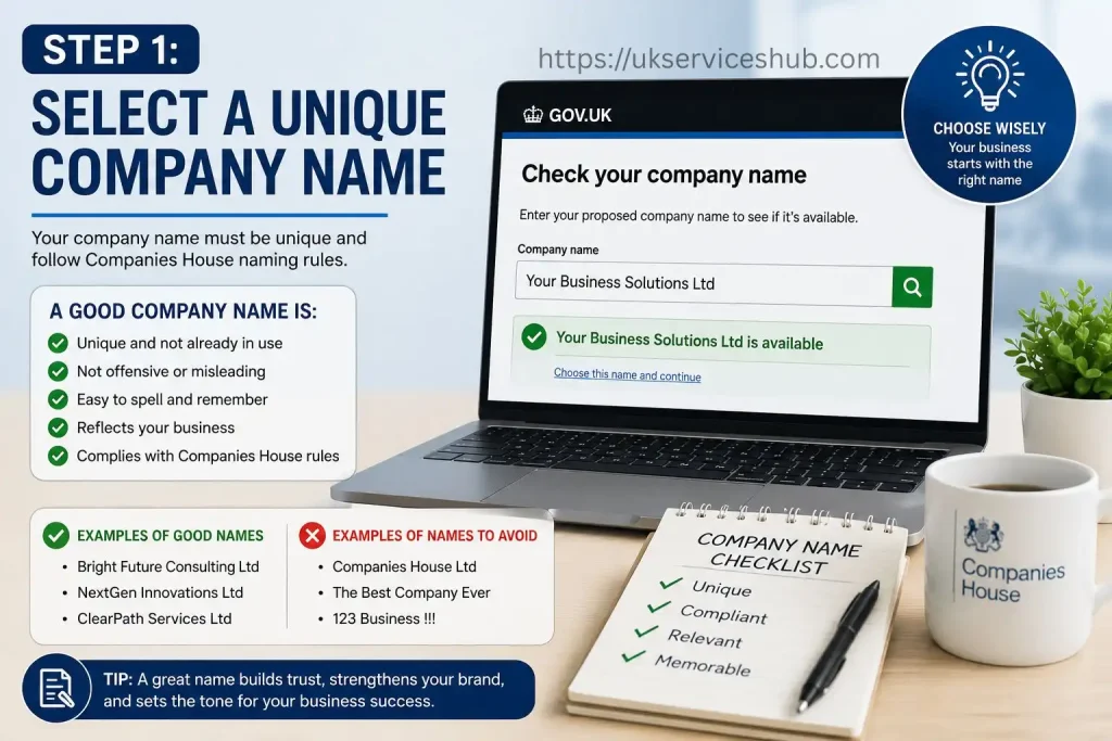 Step 1 of the Companies House registration process showing how to select a unique company name before registering a UK company.