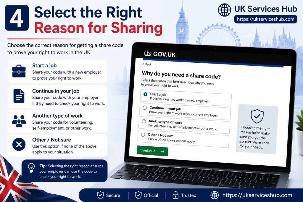 Select the correct reason for getting a UK right to work share code, including start a job, continue in a job or another type of work.