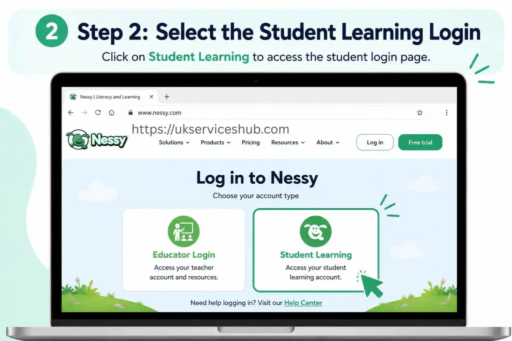 Step 2 tutorial showing the Student Learning option highlighted on the Nessy login page.