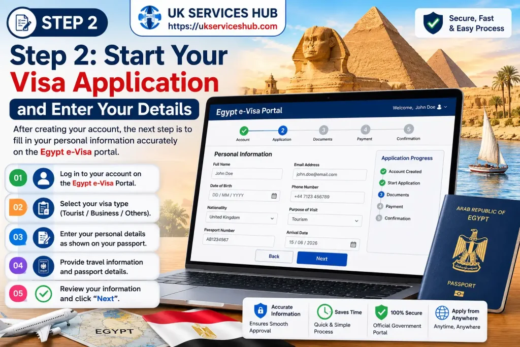 Step 2 start Egypt e-Visa application and enter personal and passport details online