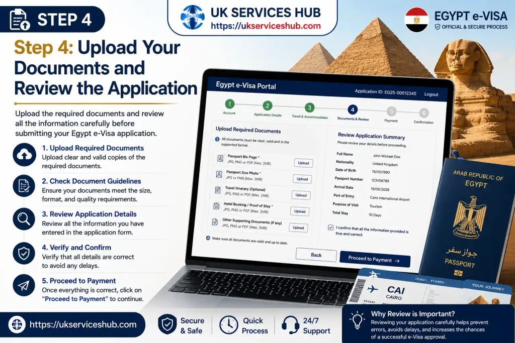 Step 4 upload documents and review Egypt e-Visa application online