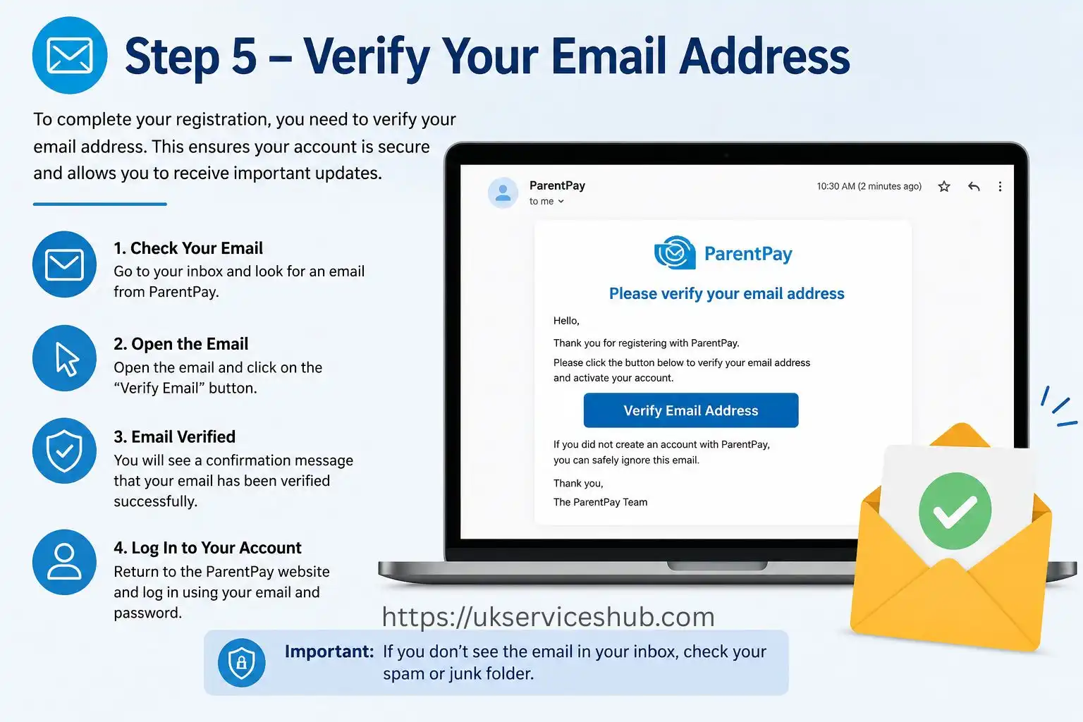 Step 5 – Verify Your Email Address in ParentPay by opening the verification email and confirming your account to complete registration.