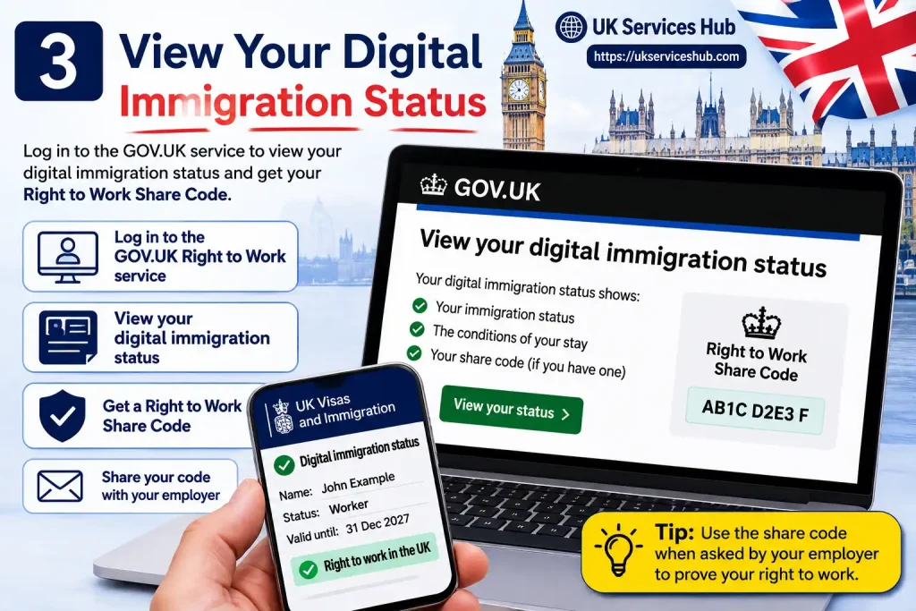 View digital immigration status and UK Right to Work Share Code online