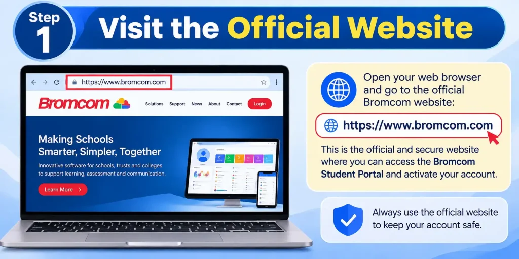 Step 1 infographic showing how to visit the official Bromcom Student Portal website by entering www.bromcom.com in a web browser to begin account activation.