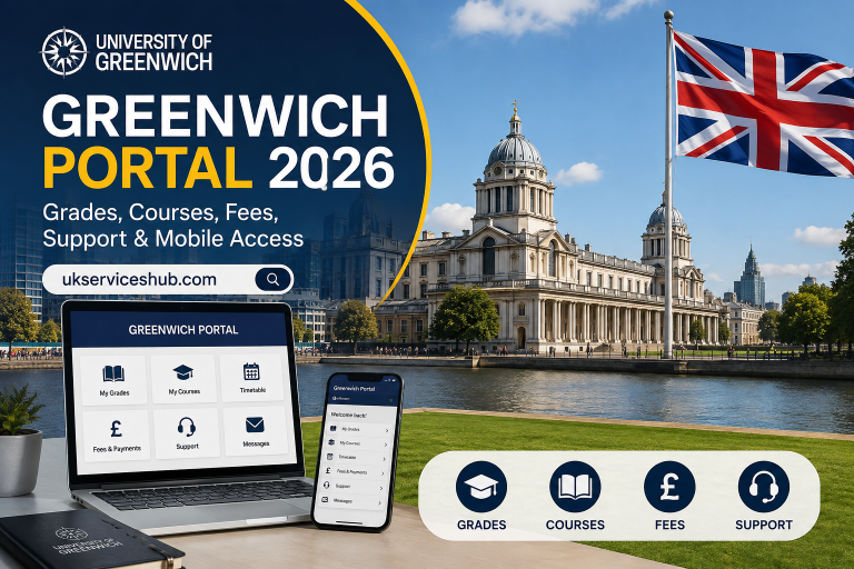 Greenwich Portal 2026 for University of Greenwich students showing grades, courses, fees, support and mobile access