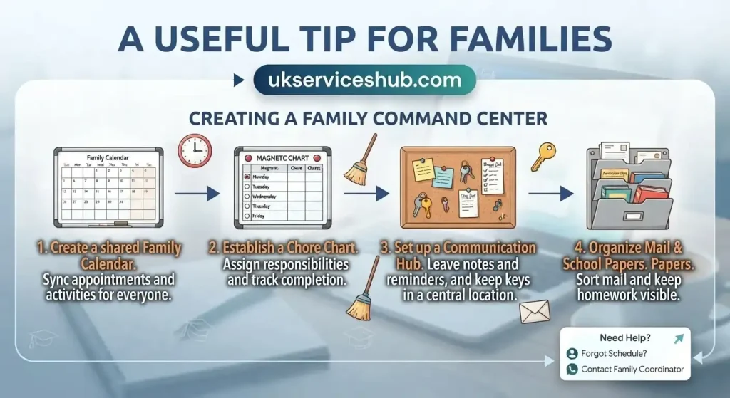 A useful tip for families infographic for UK Services Hub showing 4 steps to create a family command center: 1. Create a shared Family Calendar, 2. Establish a Chore Chart, 3. Set up a Communication Hub, 4. Organize Mail and School Papers.
