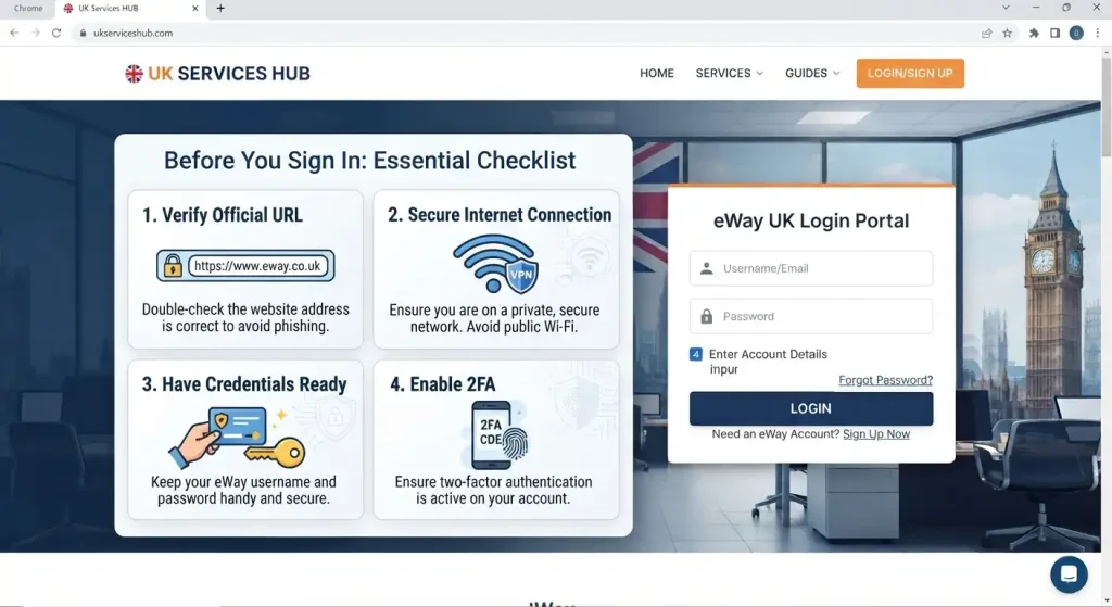 UK Services Hub webpage showing "Before You Sign In: Essential Checklist" and eWay UK Login Portal in a browser.