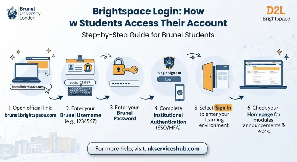 Brunel University London Brightspace login step-by-step guide infographic showing ukserviceshub.com