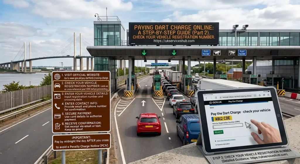 A tablet screen displaying step 2 of the Dart Charge payment process where a user enters a vehicle registration number, with the Dartford Crossing toll road in the background.