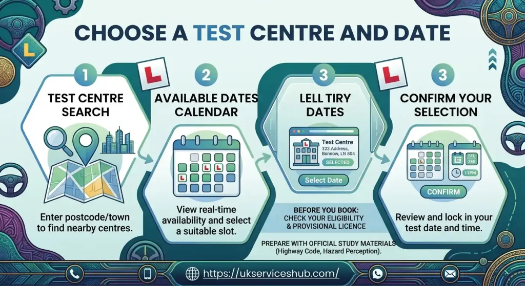 An illustrative guide titled 'Choose a Test Centre and Date' with a step-by-step process flow using map, calendar, and computer icons.