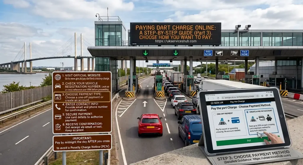 A tablet displaying Step 3 of the Dart Charge payment process with options for one-off payment or setting up a pre-pay account, with Dartford Crossing highway traffic in the background.