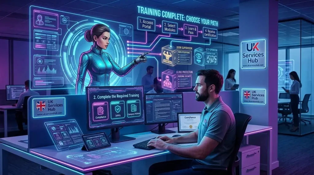 Futuristic cyber-themed infographic for UK Services Hub illustrating Step 2: Complete the Required Training for SIA licence applicants, featuring neon holographic displays and an interactive control console.