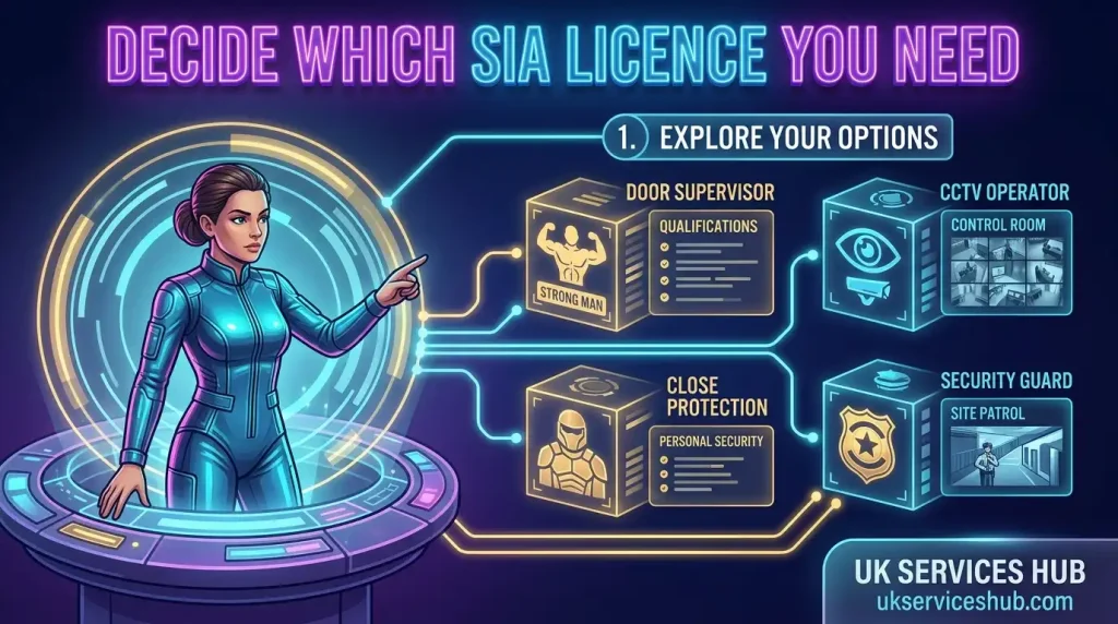 Futuristic 3D infographic helping users decide which UK SIA Licence to choose, featuring options for Door Supervisor, Security Guard, CCTV Operator, and Close Protection with ukserviceshub.com branding.