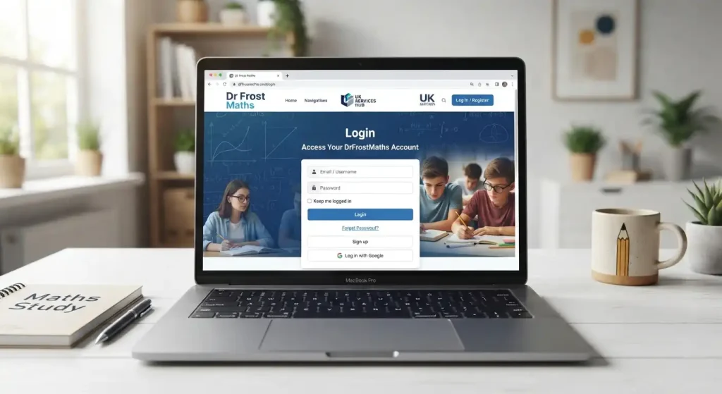 Laptop on a desk displaying the Dr Frost Maths login page with account access fields and the UK Services Hub branding.