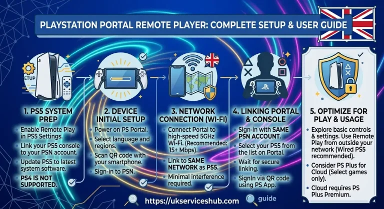 Complete setup guide infographic for PlayStation Portal Remote Player featuring UK flag branding, 5-step connection process, PS5 system settings, and ukserviceshub.com URL on a vibrant neon background.