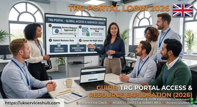 Professional team in a UK modern office viewing a presentation on TRG Portal login 2026 featuring quote requests and data submissions.