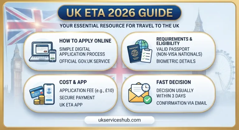 "UK ETA 2026 comprehensive guide featured image from ukserviceshub.com highlighting online application, requirements, cost, and app details"