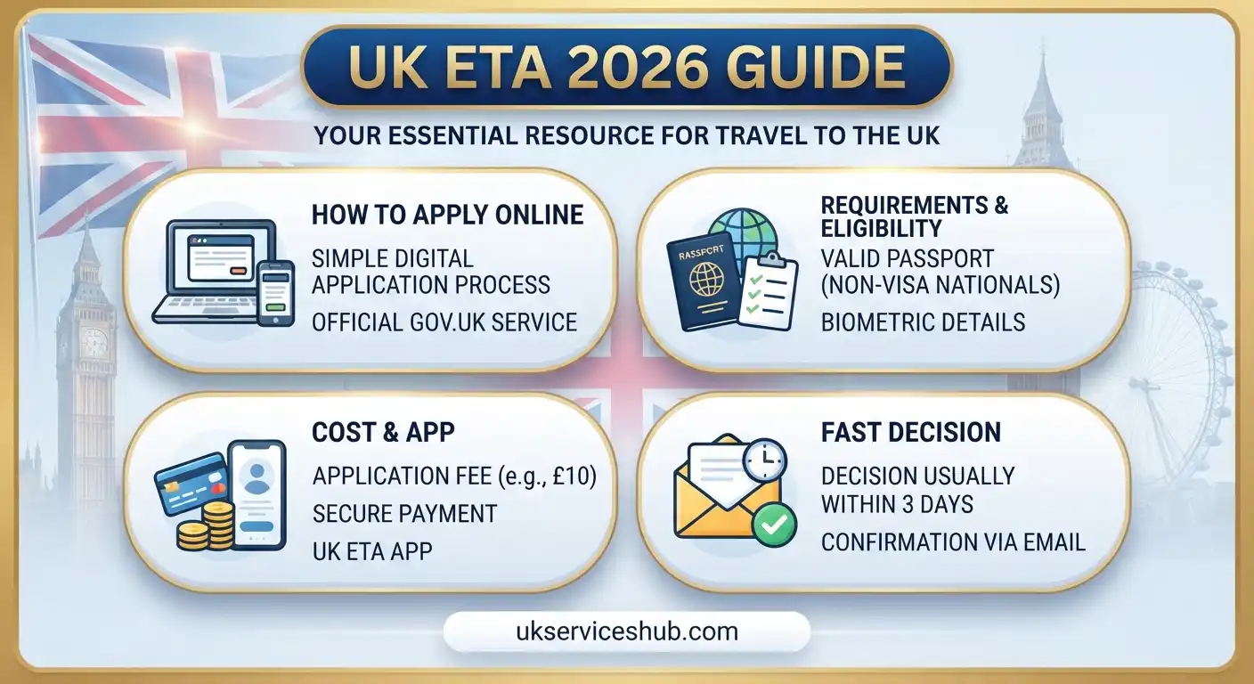 "UK ETA 2026 comprehensive guide featured image from ukserviceshub.com highlighting online application, requirements, cost, and app details"