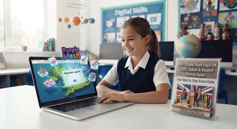 A joyful primary schoolgirl in uniform smiles while using a laptop, which displays an interactive "Purple Mash Login UK" screen with a UK map. A "Purple Mash Login UK 2026 Access Guide" sign with Big Ben is on the desk.