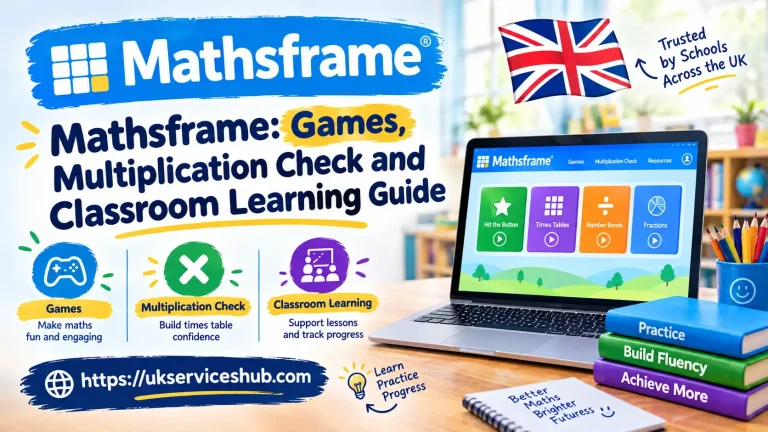 Mathsframe games, multiplication check and classroom learning guide with UK flag