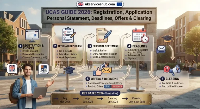Comprehensive UCAS Guide 2026 Infographic for Registration, Application, Personal Statement, Deadlines, and Clearing from ukserviceshub.com