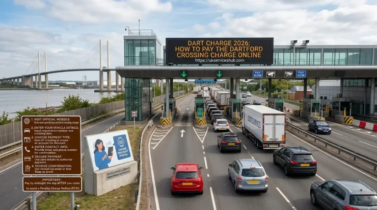 Dartford Crossing motorway traffic with an overhead electronic sign displaying 'Dart Charge 2026: How to Pay the Dartford Crossing Charge Online' and website URL [https://ukserviceshub.com](https://ukserviceshub.com).