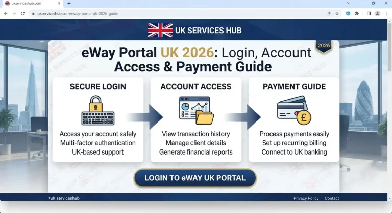UK Services Hub webpage guide for eWay Portal UK 2026, featuring secure login, account access, and payment icons.
